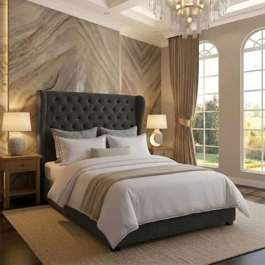 The Harlowe Upholstered Ottoman Bed - Charcoal Linen