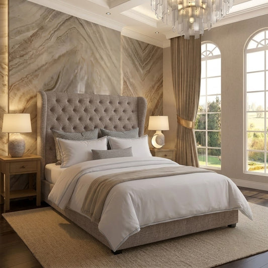 The Harlowe Upholstered Ottoman Bed - Latte Wool
