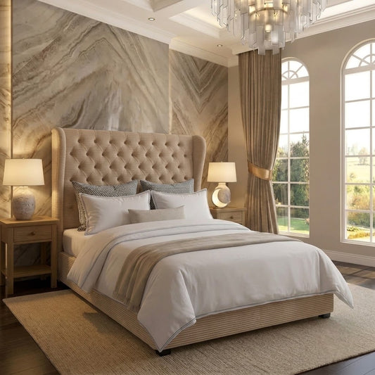 The Harlowe Upholstered Ottoman Bed - Mink Chenille