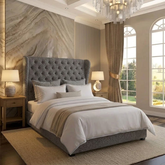 The Harlowe Upholstered Ottoman Bed - Pewter Wool