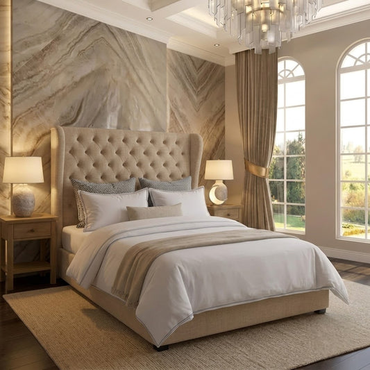 The Harlowe Upholstered Ottoman Bed - Beige Plush Velvet
