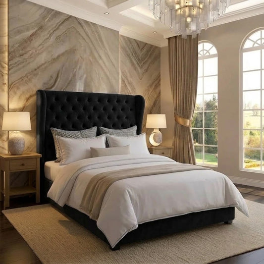 The Harlowe Upholstered Ottoman Bed - Black Plush Velvet