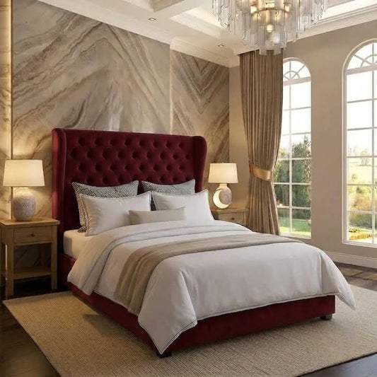 The Harlowe Upholstered Ottoman Bed - Burgundy Plush Velvet