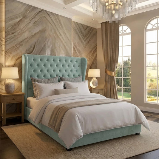 The Harlowe Upholstered Ottoman Bed - Duck Egg Plush Velvet
