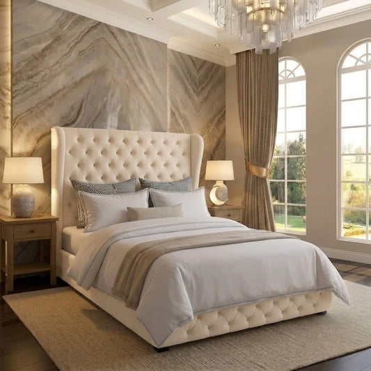The Harlowe Upholstered Ottoman Bed - Ivory Plush Velvet