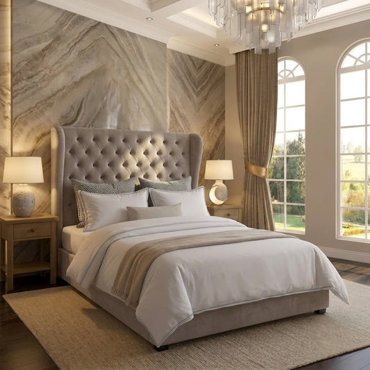 The Harlowe Upholstered Ottoman Bed - Putty Plush Velvet