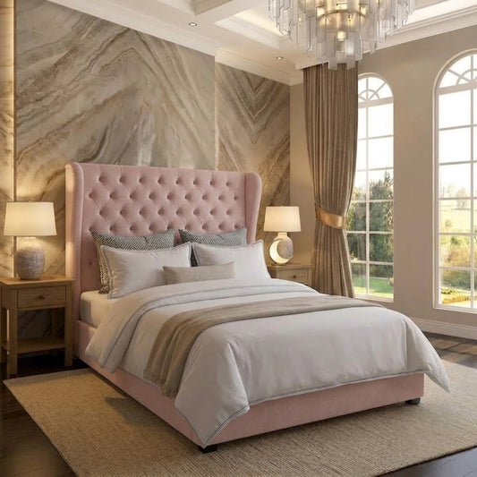 The Harlowe Upholstered Ottoman Bed - Soft Pink Plush Velvet