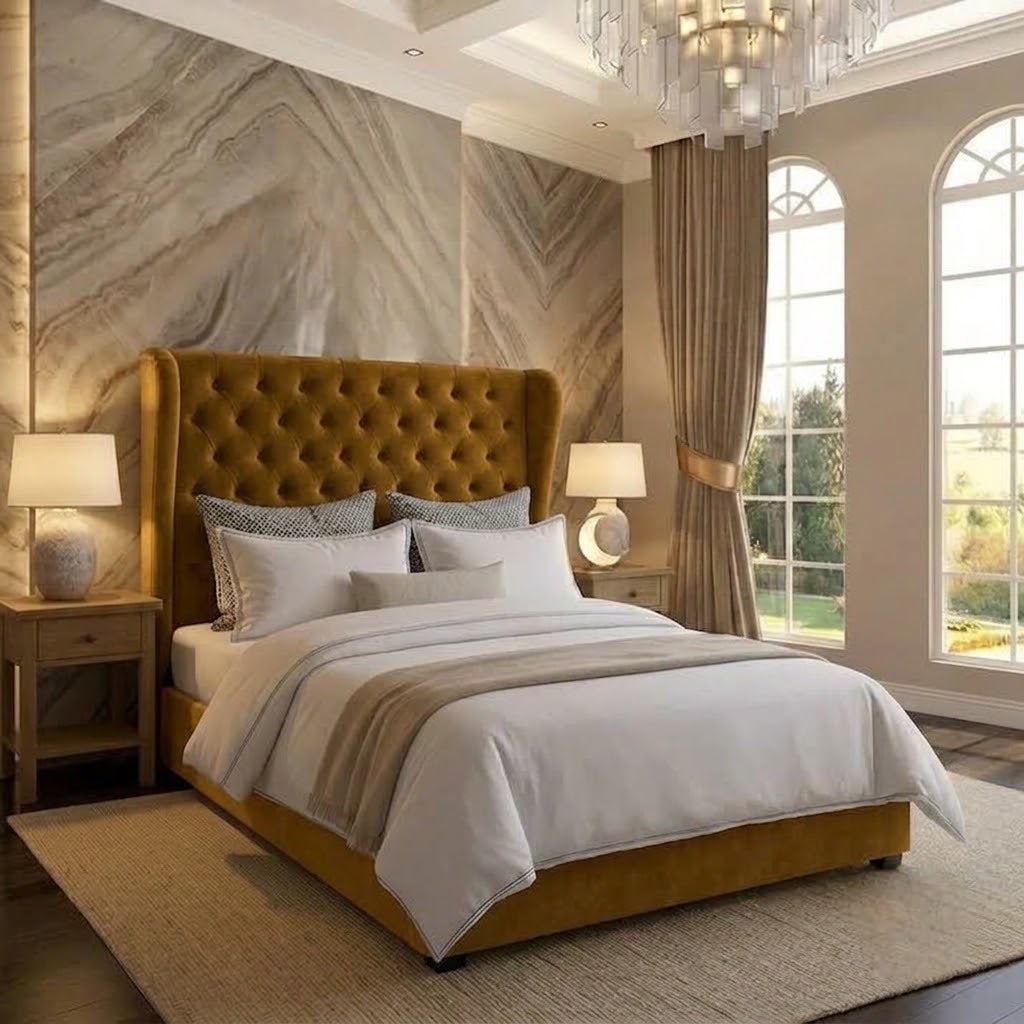 The Harlowe Upholstered Ottoman Bed - Tumeric Plush Velvet