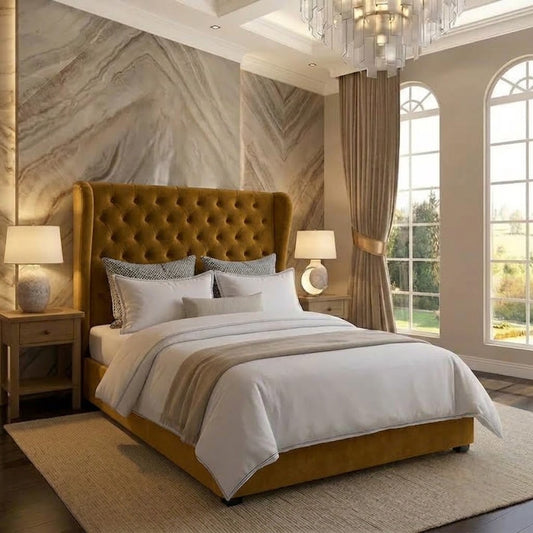 The Harlowe Upholstered Ottoman Bed - Tumeric Plush Velvet