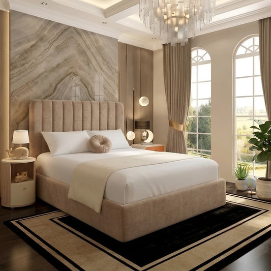 The Madison Upholstered Ottoman Bed - Beige Plush Velvet