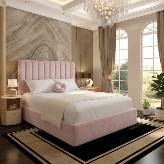 The Madison Upholstered Ottoman Bed - Soft Pink Plush Velvet