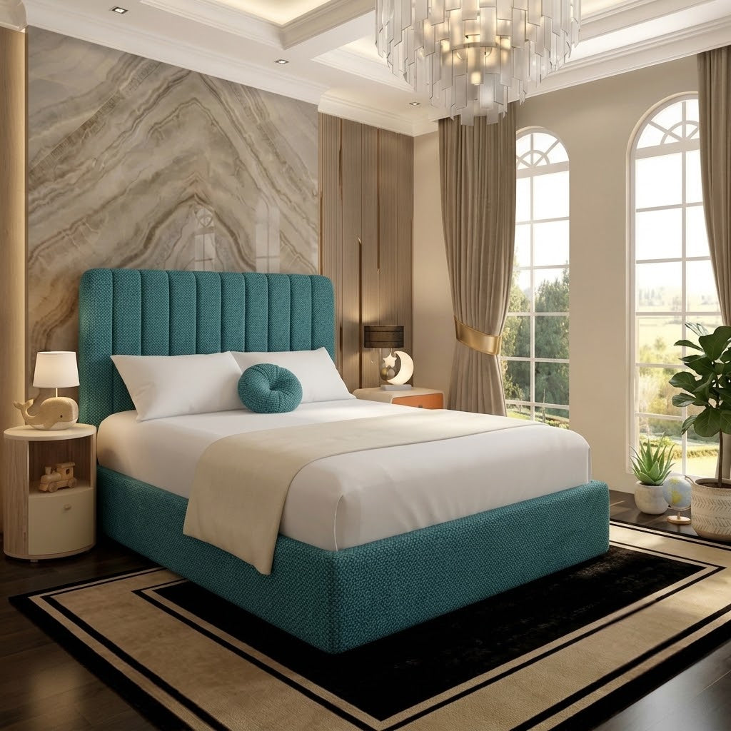 The Madison Upholstered Ottoman Bed - Teal Linen