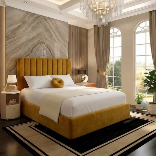 The Madison Upholstered Ottoman Bed - Tumeric Plush Velvet
