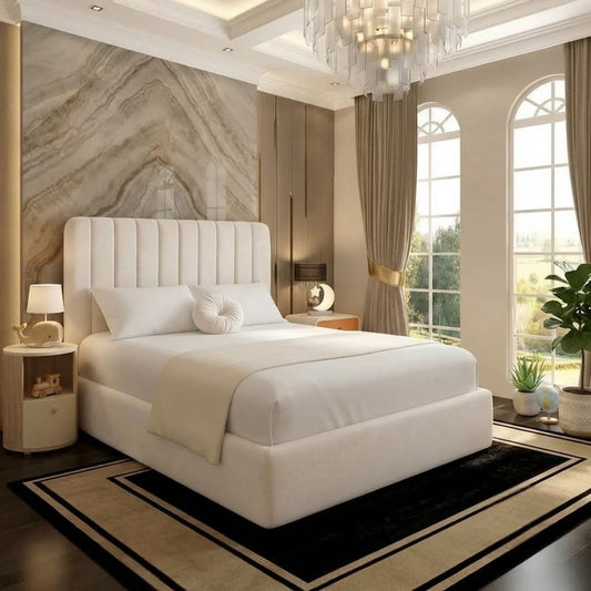 The Madison Upholstered Ottoman Bed - Ivory Plush Velvet