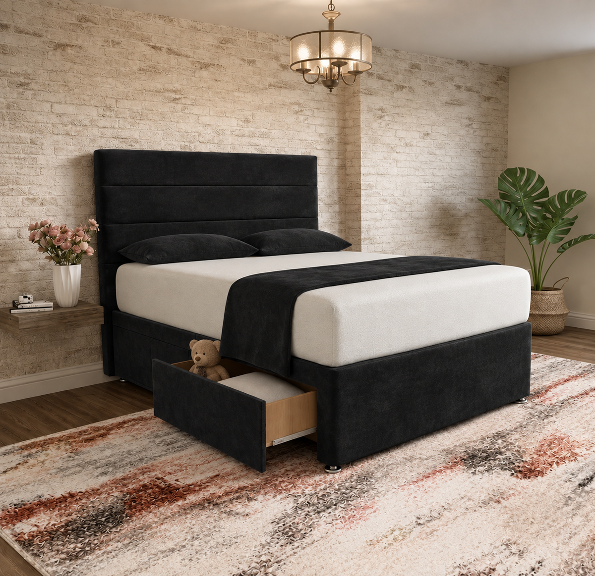 The Vista Divan Bed - Black Plush Velvet