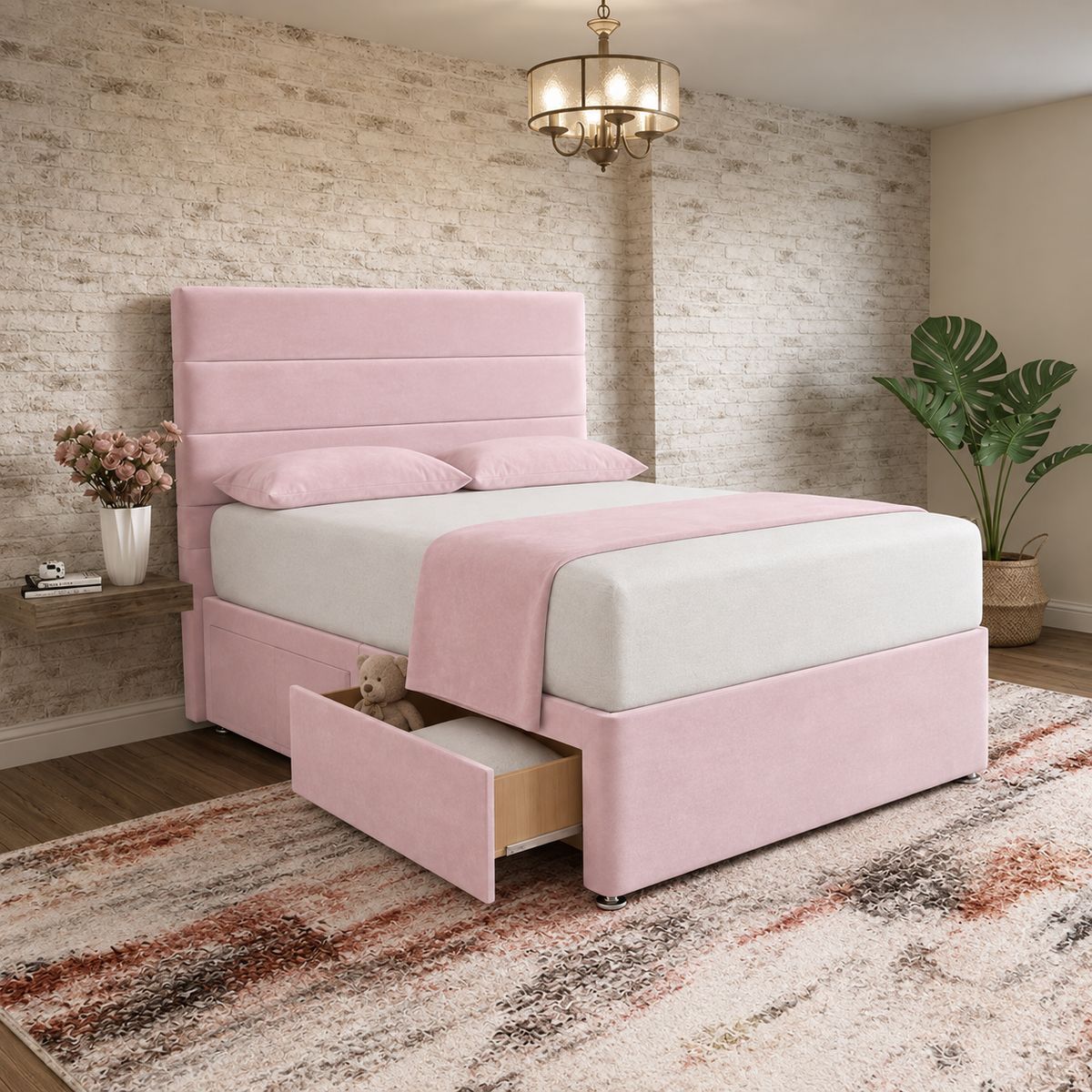 The Vista Divan Bed - Soft Pink Plush Velvet