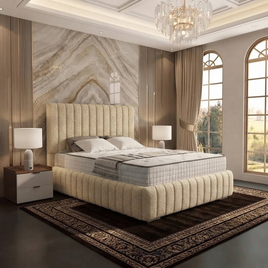 Verona Flute Upholstered Ottoman Bed - Beige Plush Velvet