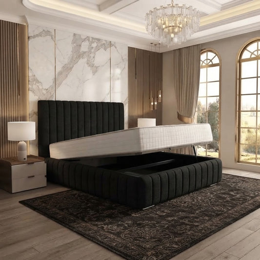 Verona Flute Upholstered Ottoman Bed - Black Plush Velvet
