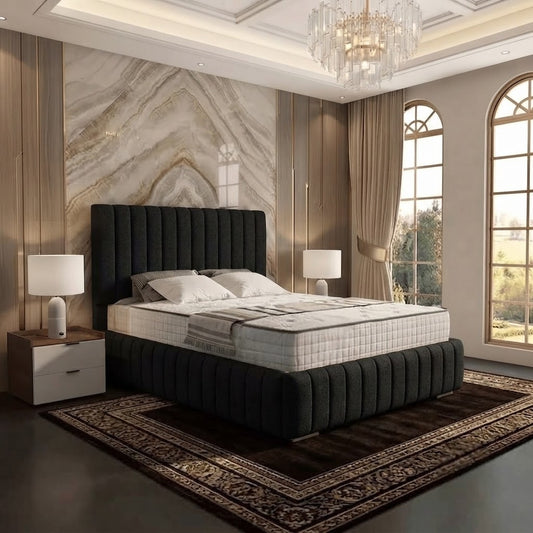 Verona Flute Upholstered Ottoman Bed - Black Plush Velvet