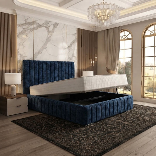 Verona Flute Upholstered Ottoman Bed - Blue Plush Velvet
