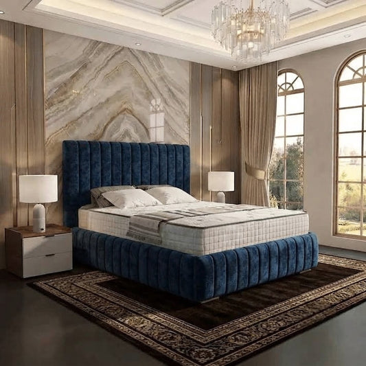 Verona Flute Upholstered Ottoman Bed - Blue Plush Velvet