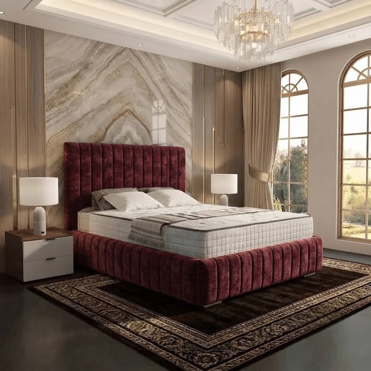 Verona Flute Upholstered Ottoman Bed - Burgundy Plush Velvet