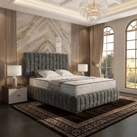Verona Flute Upholstered Ottoman Bed - Charcoal Plush Velvet