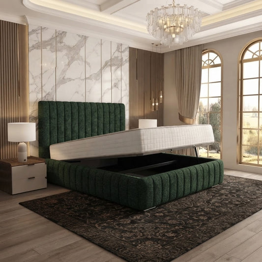 Verona Flute Upholstered Ottoman Bed - Green Plush Velvet