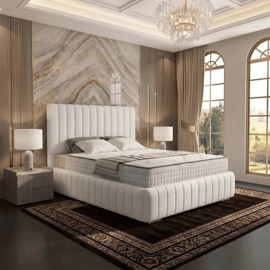 Verona Flute Upholstered Ottoman Bed - Ivory Plush Velvet