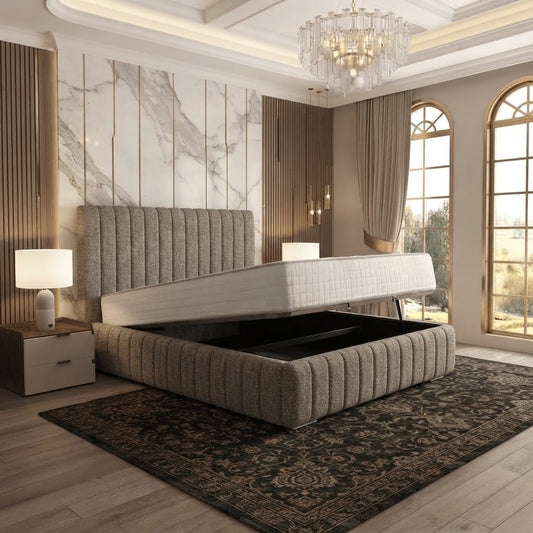 Verona Flute Upholstered Ottoman Bed - Light Grey Plush Velvet