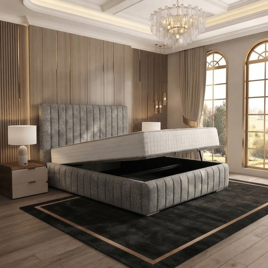 Verona Flute Upholstered Ottoman Bed - Pewter Wool