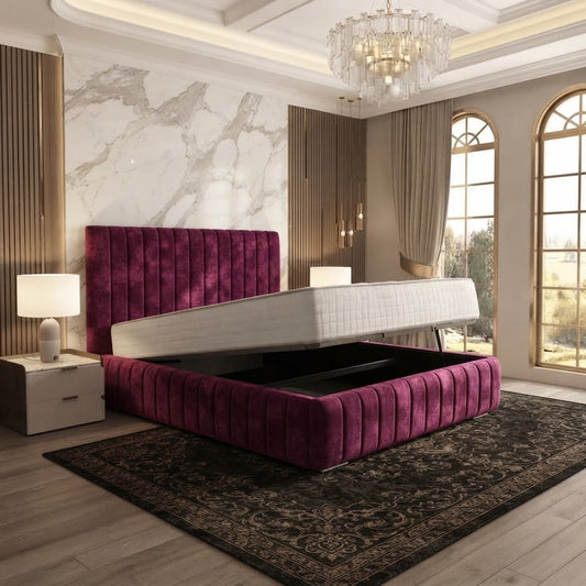 Verona Flute Upholstered Ottoman Bed - Purple Plush Velvet