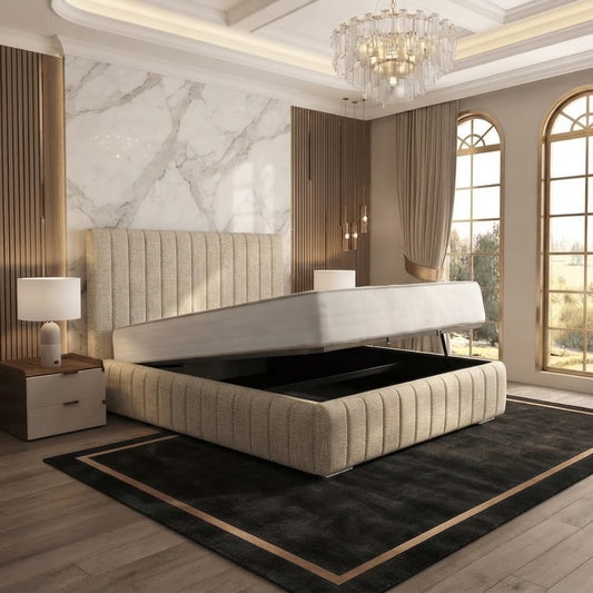 Verona Flute Upholstered Ottoman Bed - Putty Linen