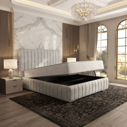 Verona Flute Upholstered Ottoman Bed - Silver Plush Velvet