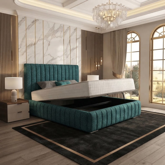 Verona Flute Upholstered Ottoman Bed - Teal Linen