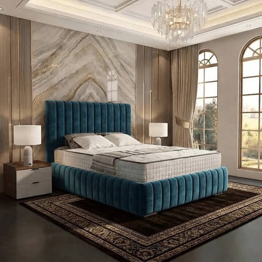 Verona Flute Upholstered Ottoman Bed - Teal Plush Velvet