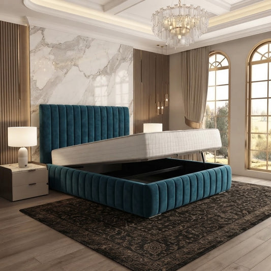 Verona Flute Upholstered Ottoman Bed - Teal Plush Velvet