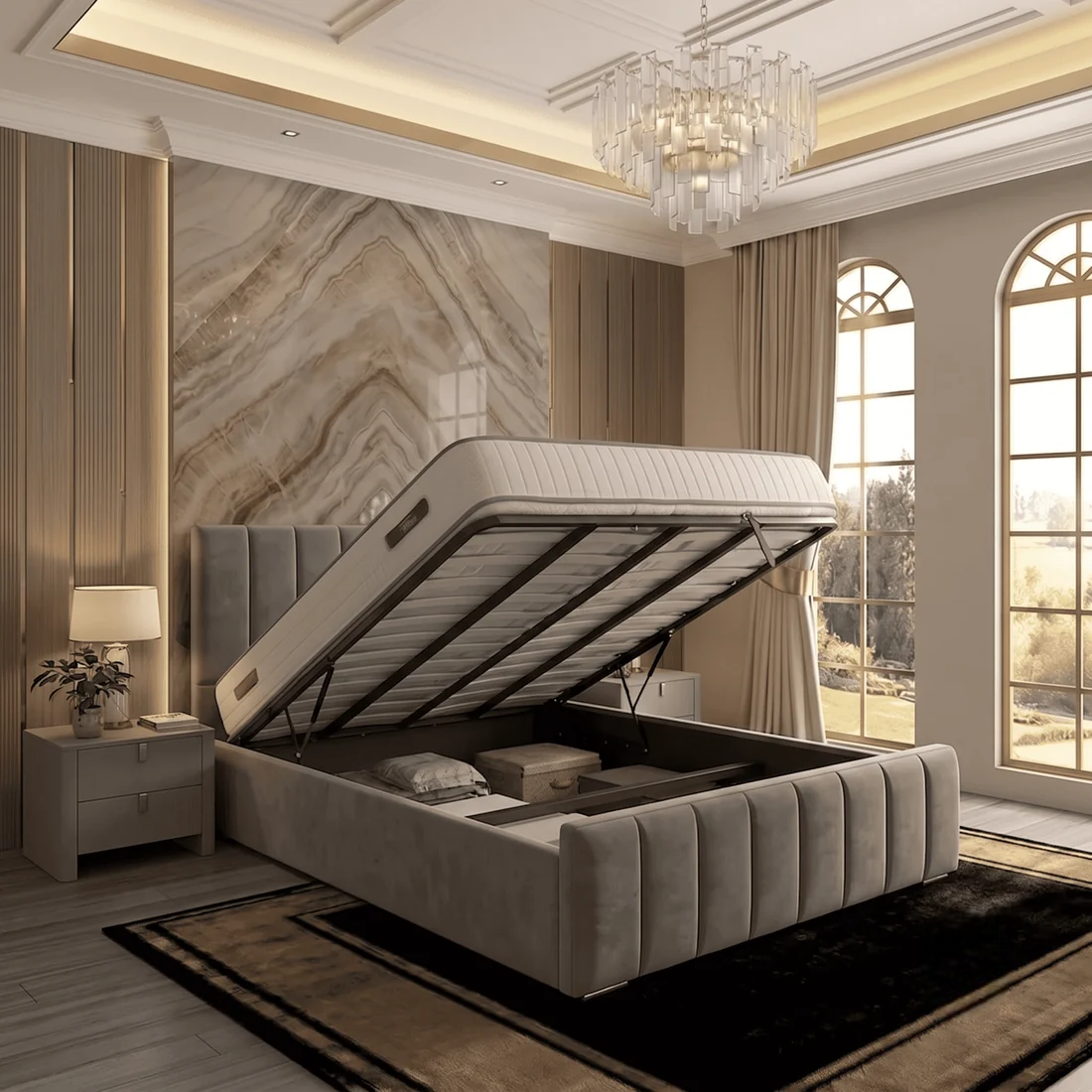 Monaco Upholstered Ottoman Bed - Grey Chenille
