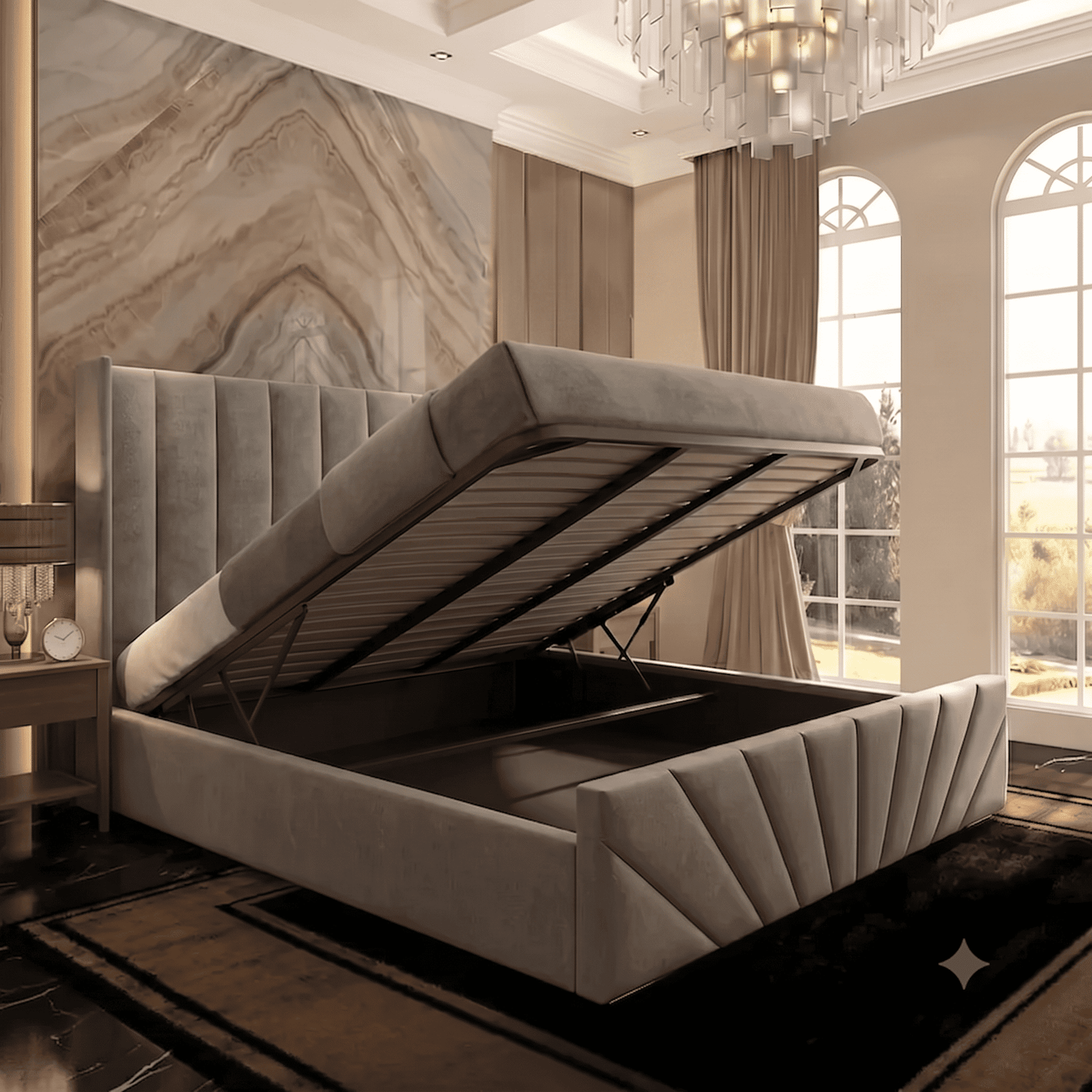 Skyline Wingback Upholstered Ottoman Bed - Grey Chenille